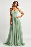 Dusty Sage Long A Line Ruched  Bridesmaid Dress