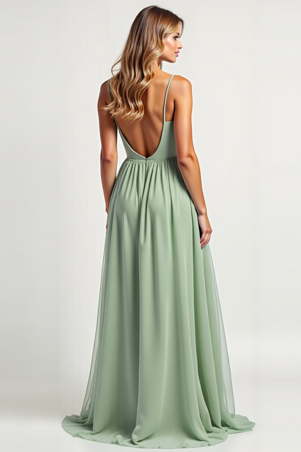 Dusty Sage Long A Line Ruched  Bridesmaid Dress