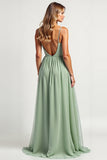 Dusty Sage Long A Line Ruched  Bridesmaid Dress