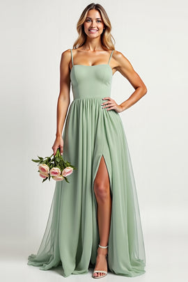 Dusty Sage Long A Line Ruched  Bridesmaid Dress