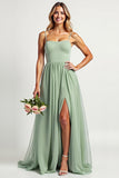 Dusty Sage Long A Line Ruched  Bridesmaid Dress