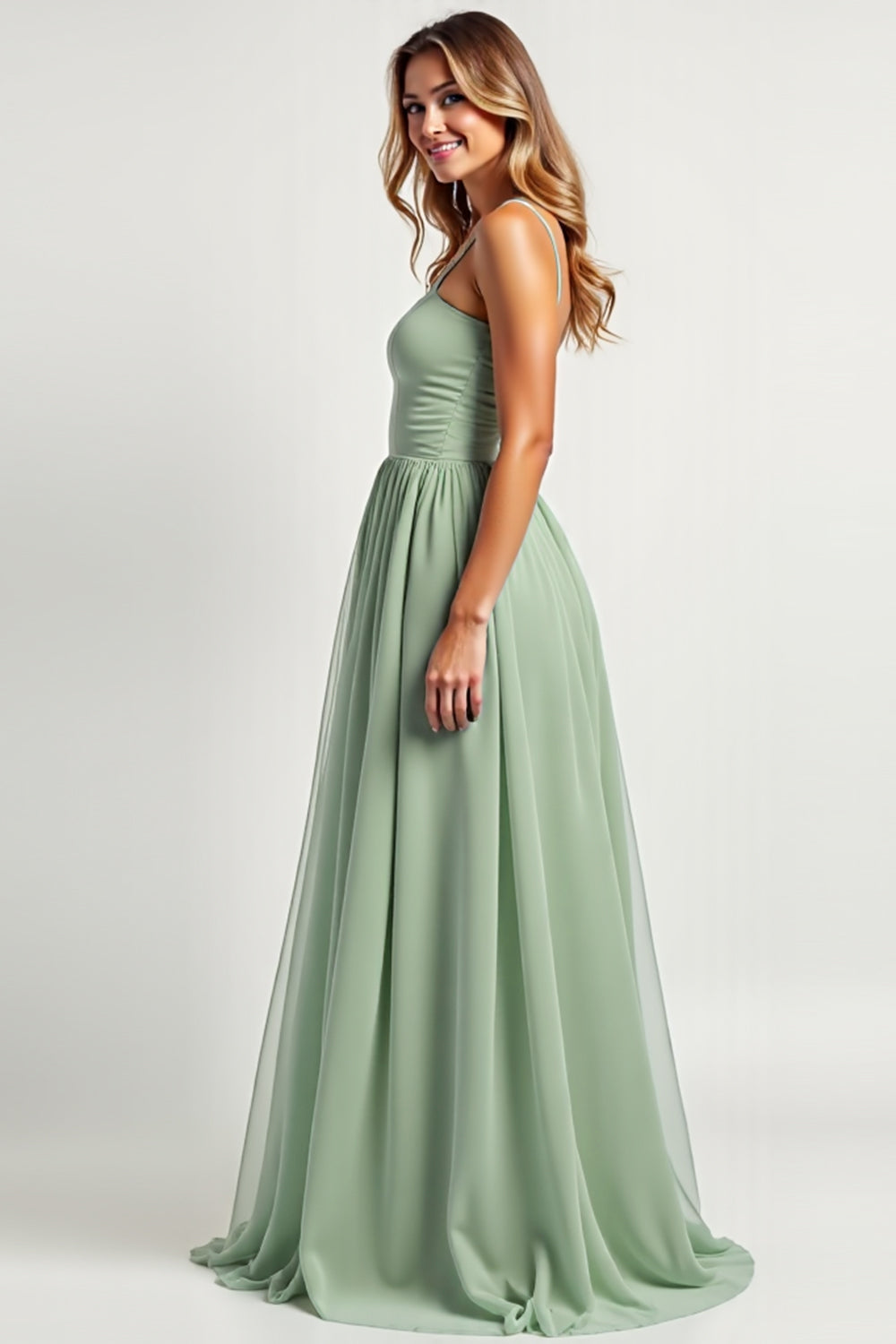Dusty Sage Long A Line Ruched  Bridesmaid Dress