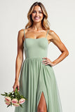 Dusty Sage Long A Line Ruched  Bridesmaid Dress