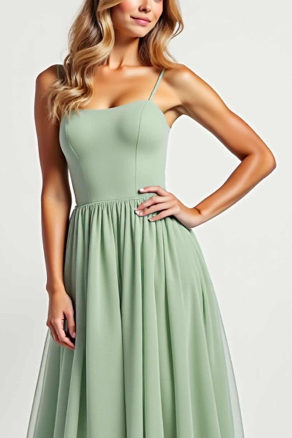 Dusty Sage Long A Line Ruched  Bridesmaid Dress