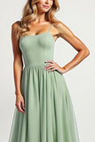Dusty Sage Long A Line Ruched  Bridesmaid Dress