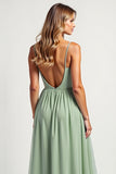 Dusty Sage Long A Line Ruched  Bridesmaid Dress