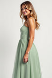 Dusty Sage Long A Line Ruched  Bridesmaid Dress