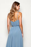 Dusty Blue Chiffon Backless Long Bridesmaid Dress
