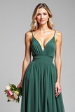 A Line Dark Green Long Deep V-Neck Bridesmaid Dress