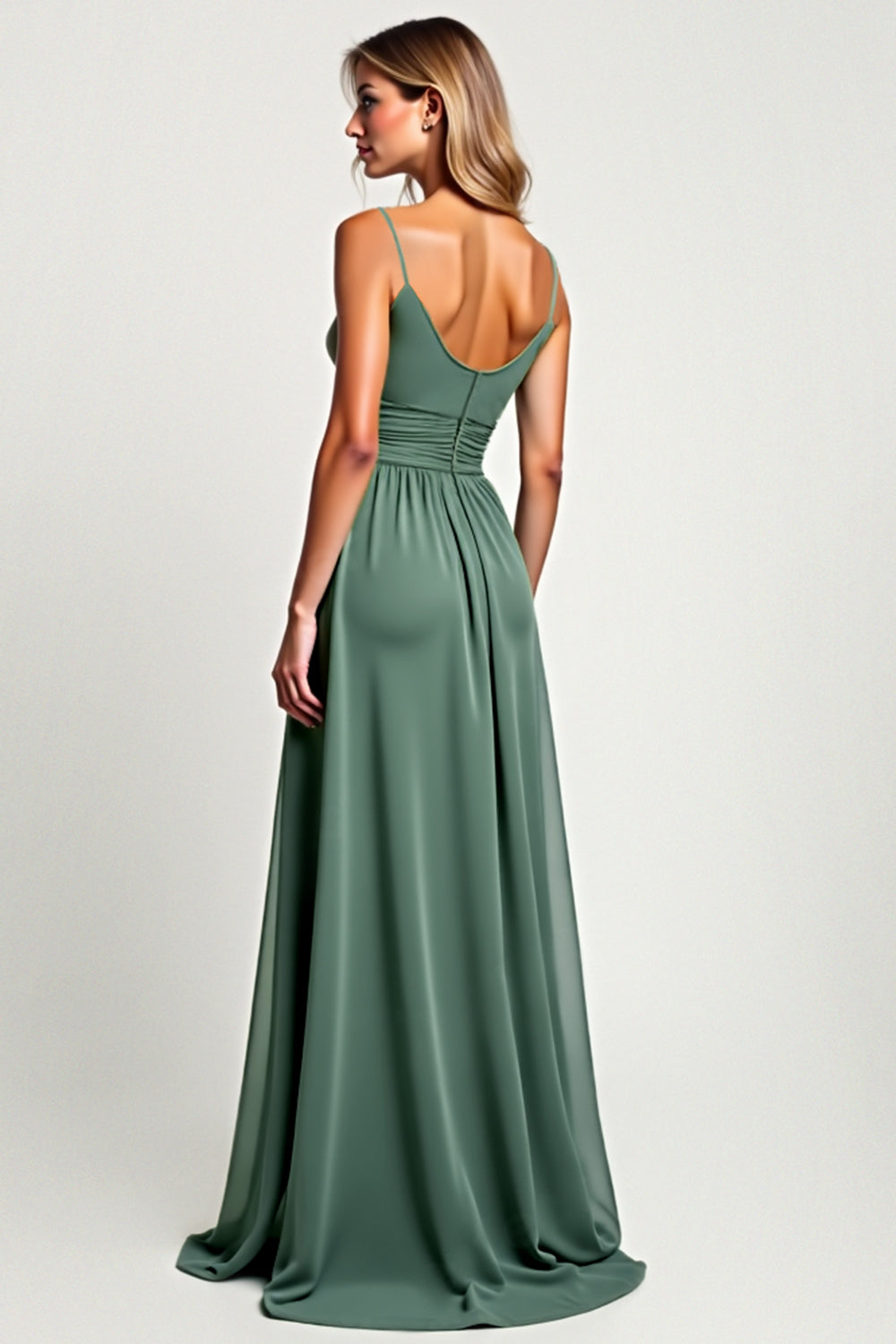 A Line Eucalyptus Chiffon Long Bridesmaid Dress with Slit