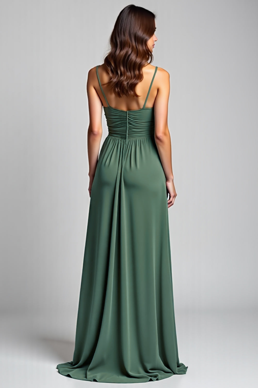 Eucalyptus A Line Long Ruched Bridesmaid Dress with Slit