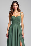 Eucalyptus A Line Long Ruched Bridesmaid Dress with Slit