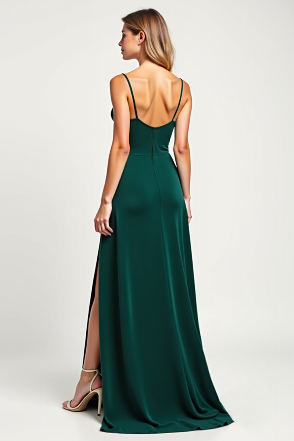 Pine V-Neck Long Satin Bridesmaid Dress with Slit