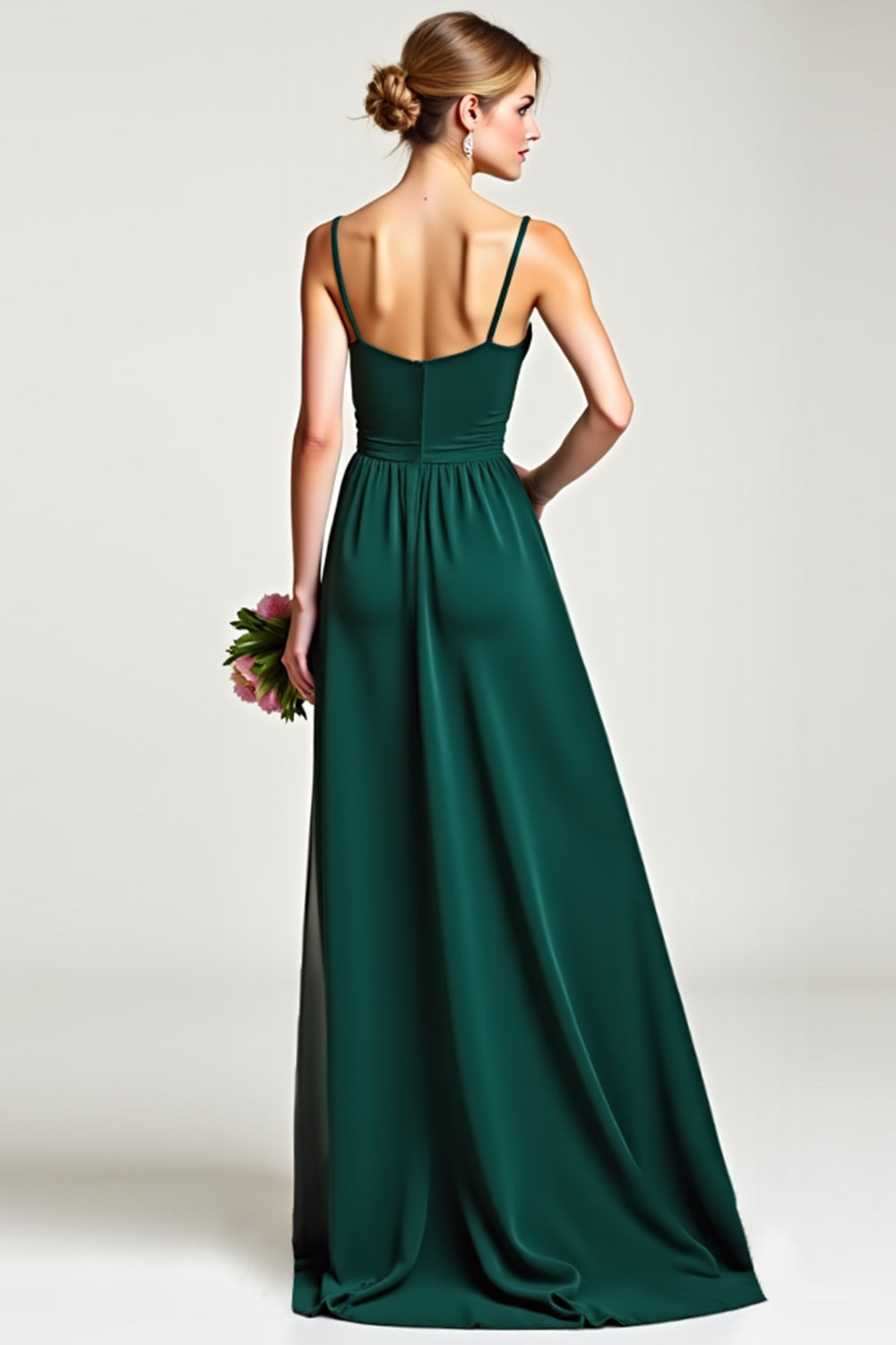 V-Neck Pine Long Ruffled Bridesmaid Dress with Slit