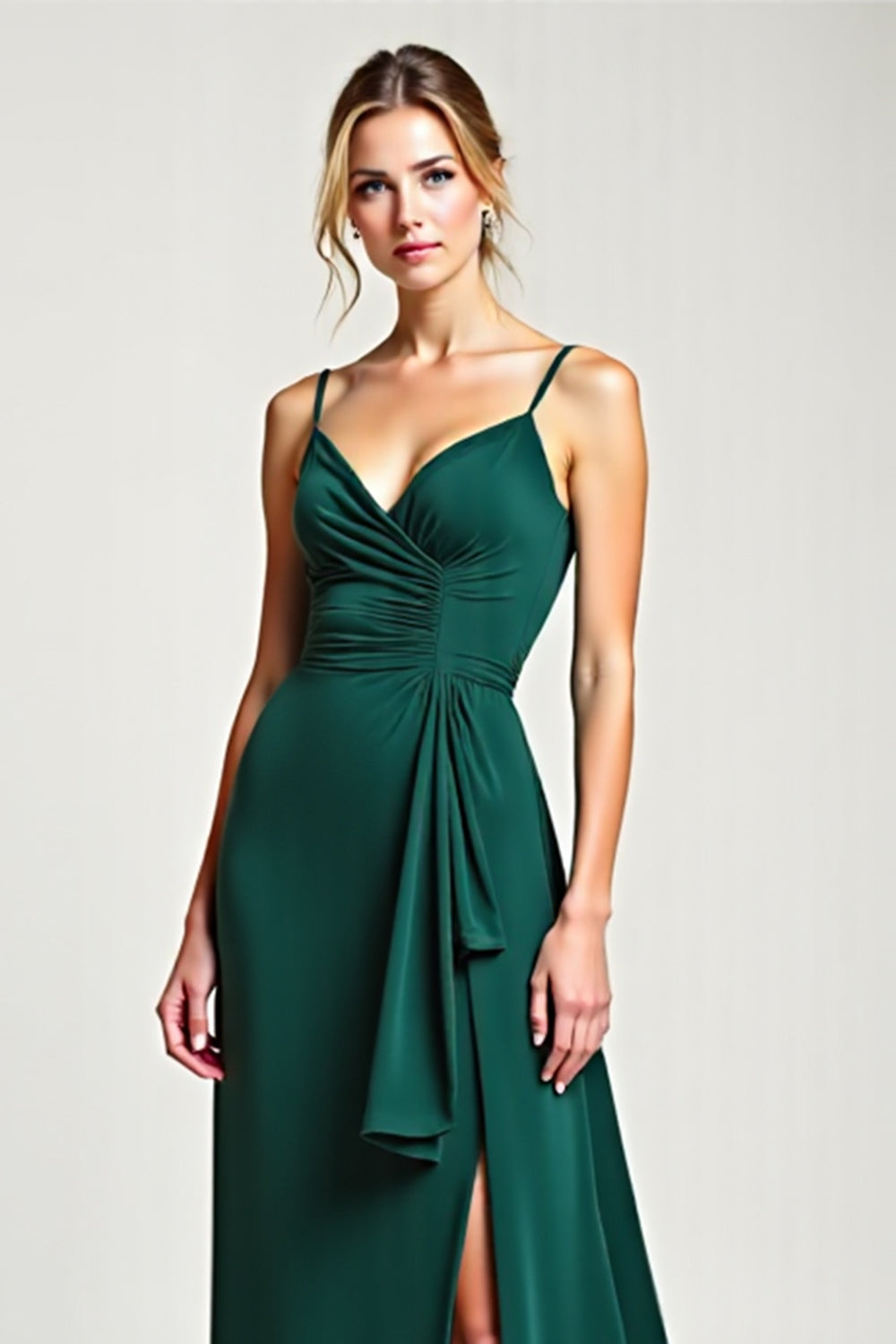 V-Neck Pine Long Ruffled Bridesmaid Dress with Slit