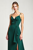 V-Neck Pine Long Ruffled Bridesmaid Dress with Slit