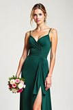 V-Neck Pine Long Ruffled Bridesmaid Dress with Slit