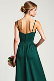 V-Neck Pine Long Ruffled Bridesmaid Dress with Slit