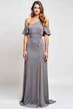 Grey One Shoulder Sheath Long Bridesmaid Dress with Slit