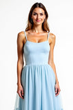 A Line Sky Blue Backless Long Bridesmaid Dress