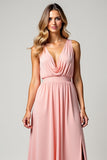 Blush Pink V-Neck A Line Long Bridesmaid Dress with Slit