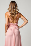 Blush Pink V-Neck A Line Long Bridesmaid Dress with Slit