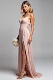 Dusty Rose Chiffon Backless Long Bridesmaid Dress with Slit