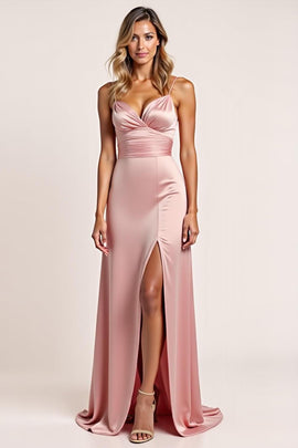 Blush Pink Sheath Satin Long Bridesmaid Dress with Slit
