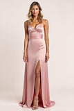 Blush Pink Sheath Satin Long Bridesmaid Dress with Slit