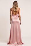Blush Pink Sheath Satin Long Bridesmaid Dress with Slit