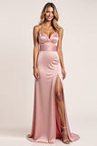Blush Pink Sheath Satin Long Bridesmaid Dress with Slit