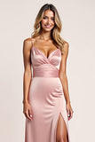 Blush Pink Sheath Satin Long Bridesmaid Dress with Slit