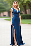 Blue Deep V-Neck Sleeveless Long Bridesmaid Dress with Slit