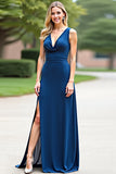 Blue Deep V-Neck Sleeveless Long Bridesmaid Dress with Slit