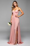 A Line Blush Pink Spaghetti Straps Long Bridesmaid Dress with Slit
