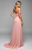 A Line Blush Pink Spaghetti Straps Long Bridesmaid Dress with Slit