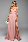 A Line Blush Pink Spaghetti Straps Long Bridesmaid Dress with Slit