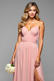 A Line Blush Pink Spaghetti Straps Long Bridesmaid Dress with Slit