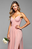A Line Blush Pink Spaghetti Straps Long Bridesmaid Dress with Slit