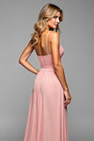 A Line Blush Pink Spaghetti Straps Long Bridesmaid Dress with Slit