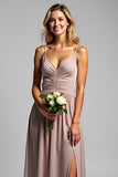 Dusty Rose Chiffon V-Neck Long Bridesmaid Dress with Slit