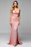 Blush Pink Sheath Backless Long Bridesmaid Dress with Slit