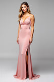 Blush Pink Sheath Backless Long Bridesmaid Dress with Slit