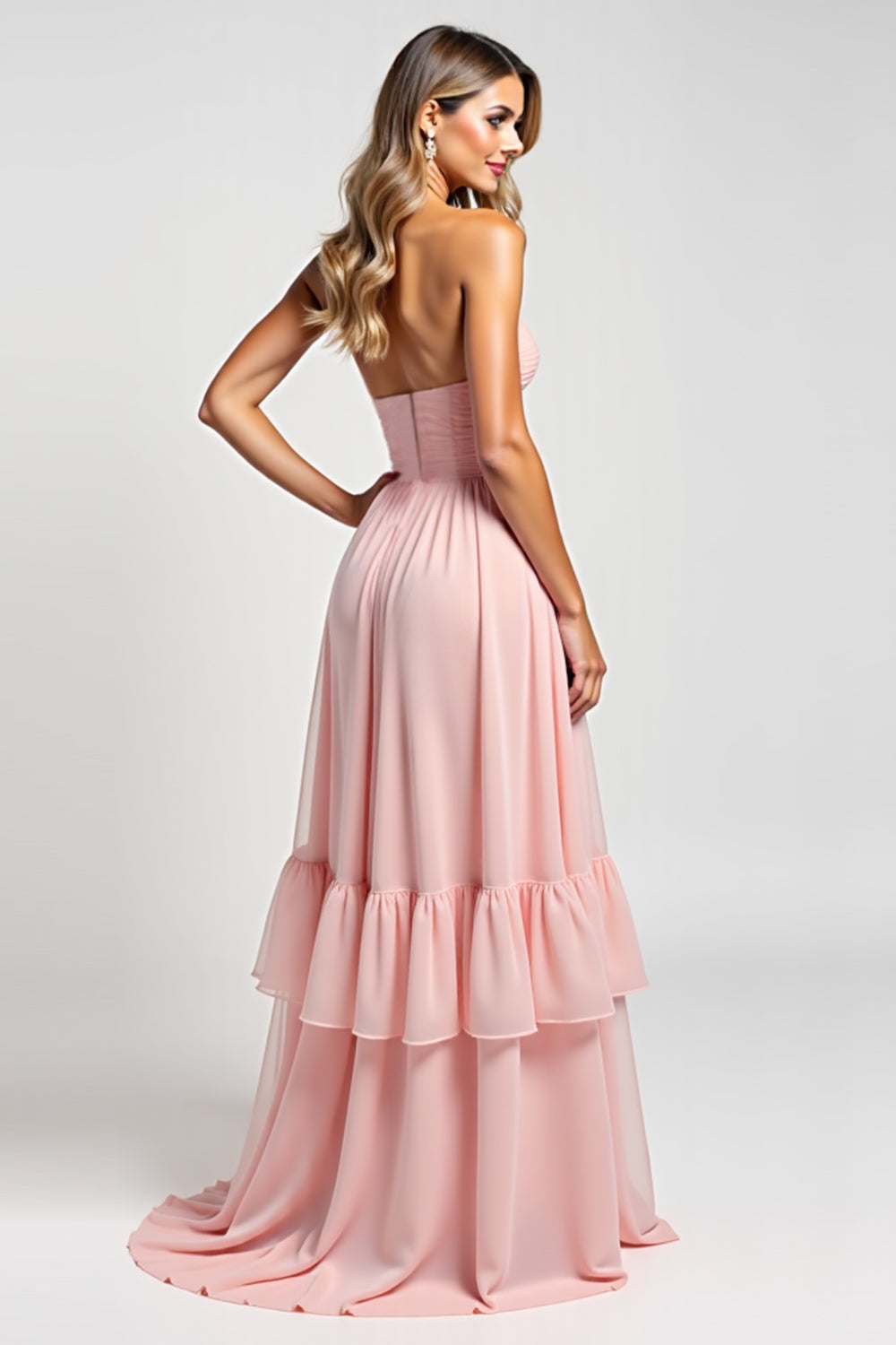 Blush Pink A Line Strapless Long Bridesmaid Dress