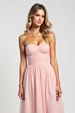 Blush Pink A Line Strapless Long Bridesmaid Dress