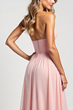 Blush Pink A Line Strapless Long Bridesmaid Dress
