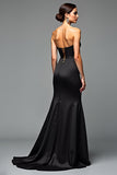 Strapless Long Black A Line Black Tie Dress with Slit