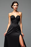 Strapless Long Black A Line Black Tie Dress with Slit