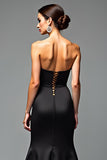 Strapless Long Black A Line Black Tie Dress with Slit