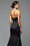 Strapless Long Black A Line Black Tie Dress with Slit